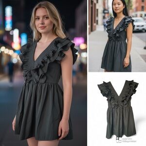 Entro Elegant Black Ruffle V-Neck Women's Top